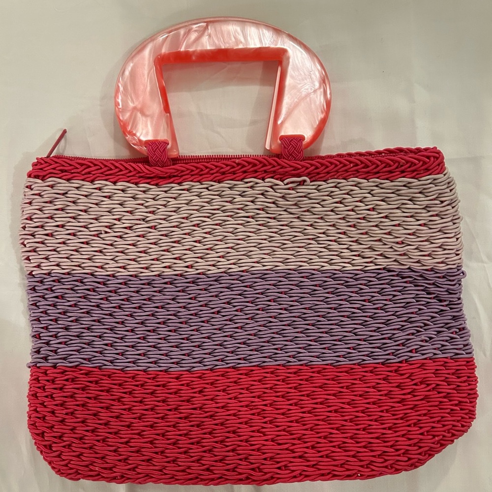 Crochet Works Pink & Purple Striped Crochet Purse w/ Pink Swirl Acrylic Handles